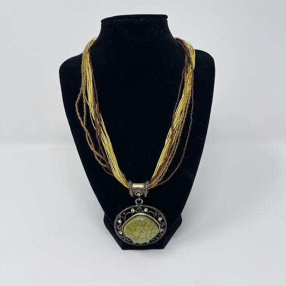 Multilayered Beaded Statement Necklace with Large Pendant Yellow Brown Green - Picture 1 of 7
